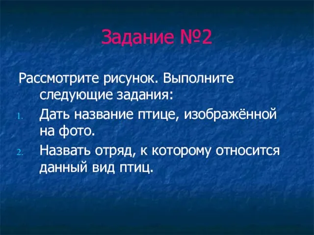 Задание №2 Рассмотрите рисунок. Выполните следующие задания: Дать название птице, изображённой на