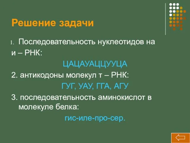 Решение задачи Последовательность нуклеотидов на и – РНК: ЦАЦАУАЦЦУУЦА 2. антикодоны молекул