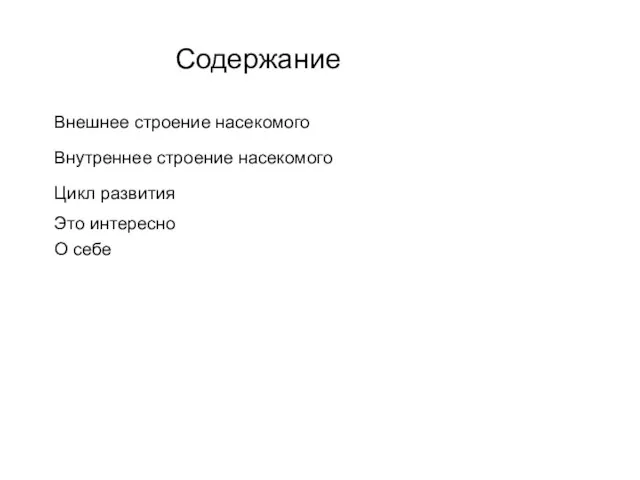 Содержание Внешнее строение насекомого Внутреннее строение насекомого Цикл развития Это интересно О себе