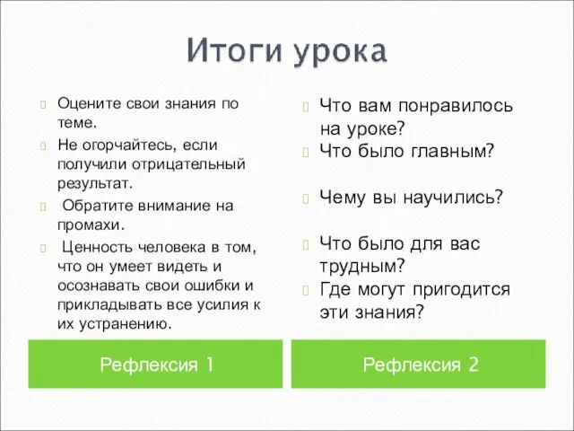 Рефлексия 1 Рефлексия 2 Оцените свои знания по теме. Не огорчайтесь, если