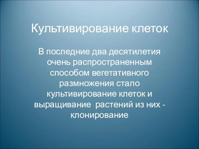 Культивирование клеток В последние два десятилетия очень распространенным способом вегетативного размножения стало