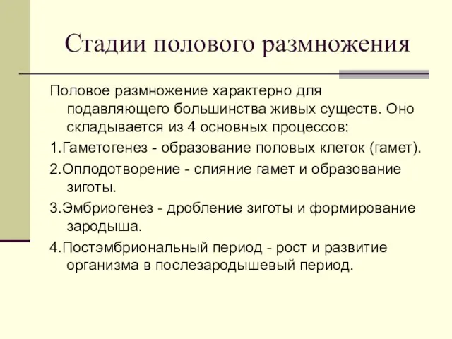 Стадии полового размножения Половое размножение характерно для подавляющего большинства живых существ. Оно