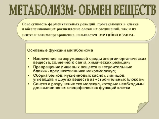 МЕТАБОЛИЗМ- ОБМЕН ВЕЩЕСТВ Основные функции метаболизма Извлечение из окружающей среды энергии органических