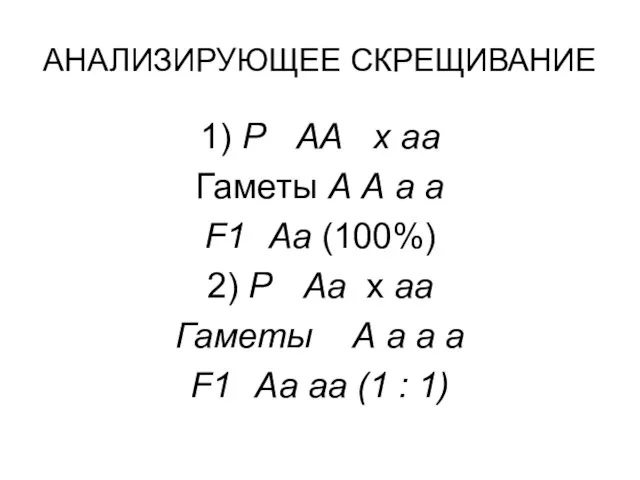 АНАЛИЗИРУЮЩЕЕ СКРЕЩИВАНИЕ 1) Р АА х аа Гаметы А А а а