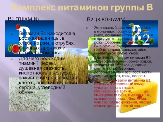 Комплекс витаминов группы В В1 (Thiamin) В2 (riboflavin) Витамин В1 находится в