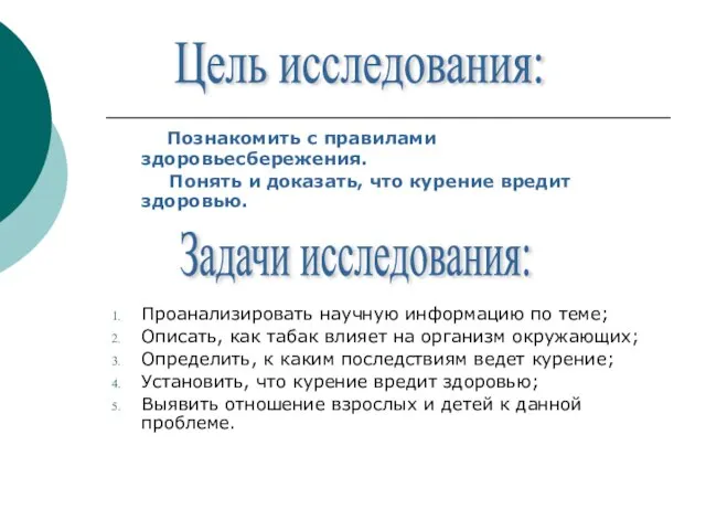 Познакомить с правилами здоровьесбережения. Понять и доказать, что курение вредит здоровью. Проанализировать