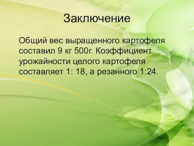 Заключение Общий вес выращенного картофеля составил 9 кг 500г. Коэффициент урожайности целого