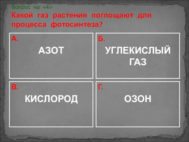 Вопрос на «4» Какой газ растения поглощают для процесса фотосинтеза?