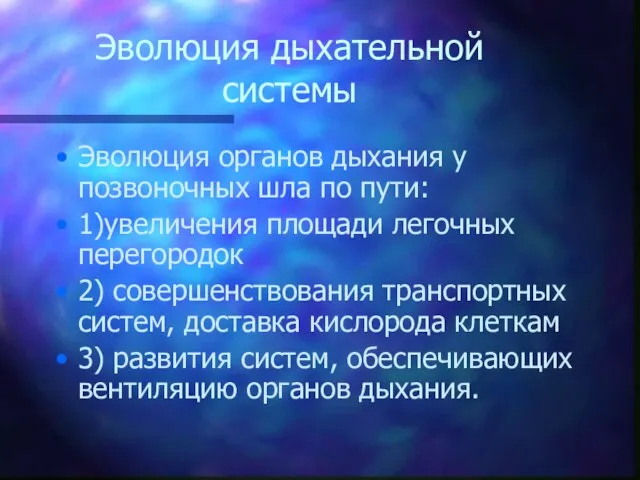 Эволюция дыхательной системы Эволюция органов дыхания у позвоночных шла по пути: 1)увеличения