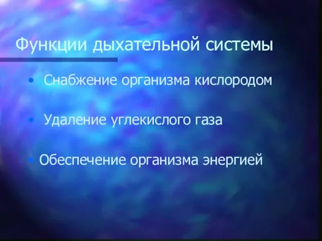 Функции дыхательной системы Снабжение организма кислородом Удаление углекислого газа Обеспечение организма энергией