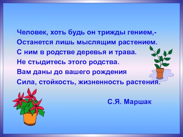 Человек, хоть будь он трижды гением,- Останется лишь мыслящим растением. С ним