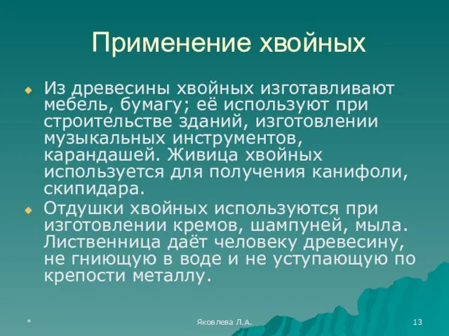 * Яковлева Л.А. Применение хвойных Из древесины хвойных изготавливают мебель, бумагу; её