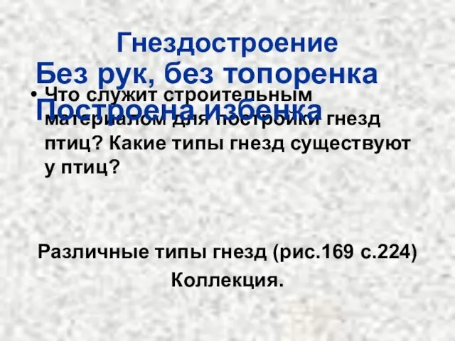 Гнездостроение Что служит строительным материалом для постройки гнезд птиц? Какие типы гнезд