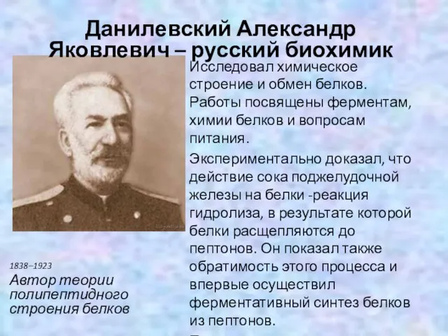 1838–1923 Автор теории полипептидного строения белков Исследовал химическое строение и обмен белков.