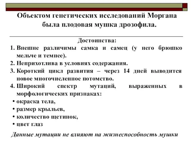 Объектом генетических исследований Моргана была плодовая мушка дрозофила. Достоинства: Внешне различимы самка