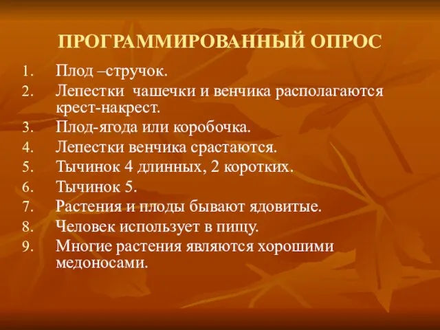 ПРОГРАММИРОВАННЫЙ ОПРОС Плод –стручок. Лепестки чашечки и венчика располагаются крест-накрест. Плод-ягода или