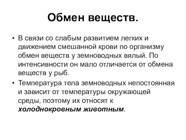 Обмен веществ. В связи со слабым развитием легких и движением смешанной крови