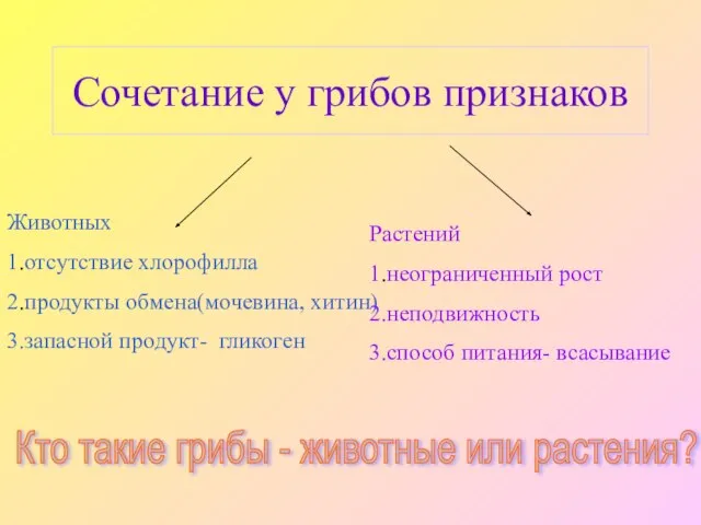 Сочетание у грибов признаков Животных 1.отсутствие хлорофилла 2.продукты обмена(мочевина, хитин) 3.запасной продукт-