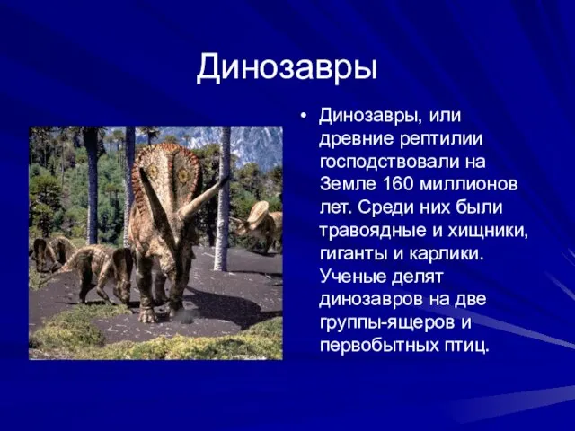 Динозавры Динозавры, или древние рептилии господствовали на Земле 160 миллионов лет. Среди