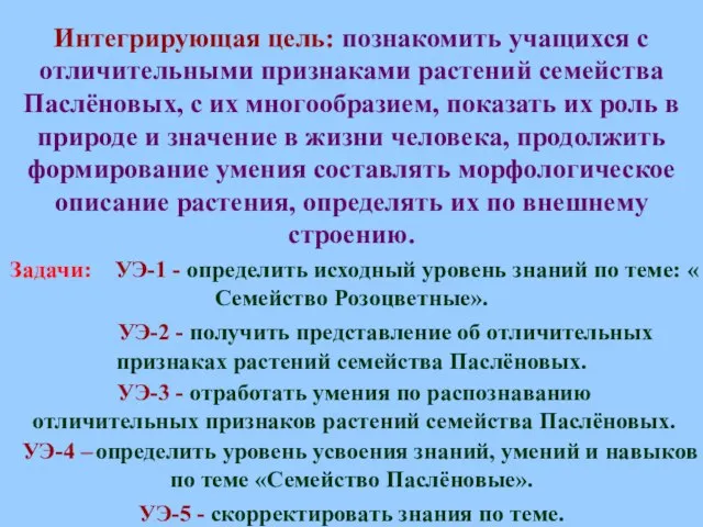 Интегрирующая цель: познакомить учащихся с отличительными признаками растений семейства Паслёновых, с их