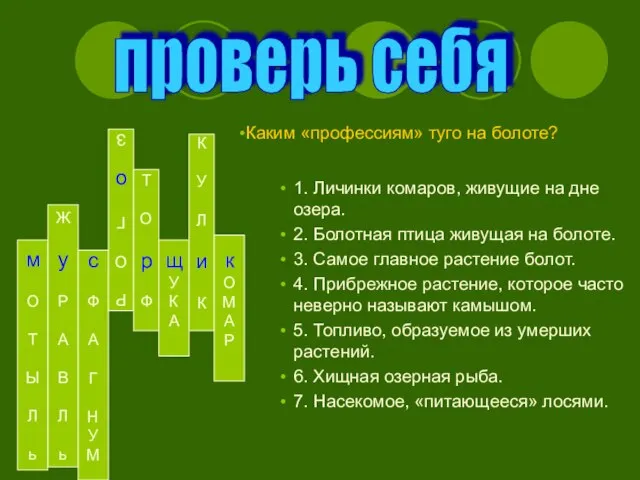 1. Личинки комаров, живущие на дне озера. 2. Болотная птица живущая на