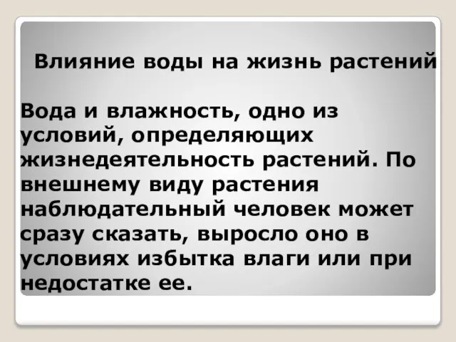 Влияние воды на жизнь растений Вода и влажность, одно из условий, определяющих