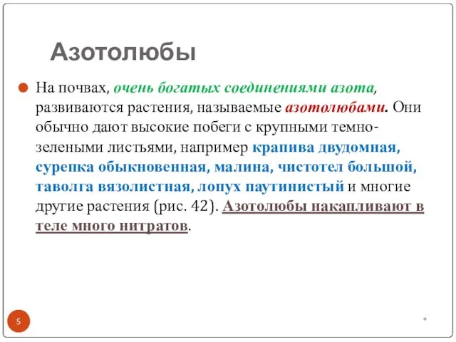 Азотолюбы * На почвах, очень богатых соединениями азота, развиваются растения, называемые азотолюбами.