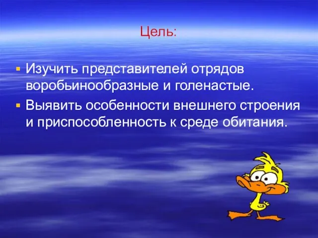 Цель: Изучить представителей отрядов воробьинообразные и голенастые. Выявить особенности внешнего строения и приспособленность к среде обитания.