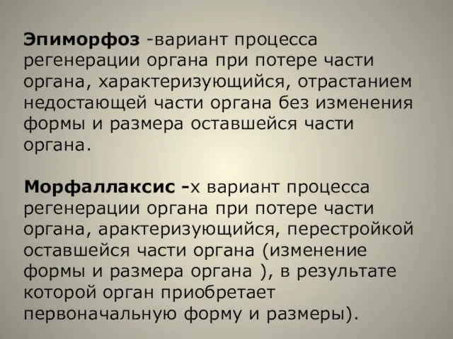 Эпиморфоз -вариант процесса регенерации органа при потере части органа, характеризующийся, отрастанием недостающей