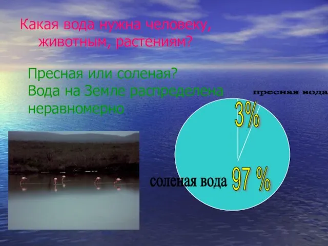 пресная вода соленая вода 3% 97 % Какая вода нужна человеку, животным,