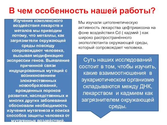 В чем особенность нашей работы? Изучение комплексного воздействия лекарств и металов мы