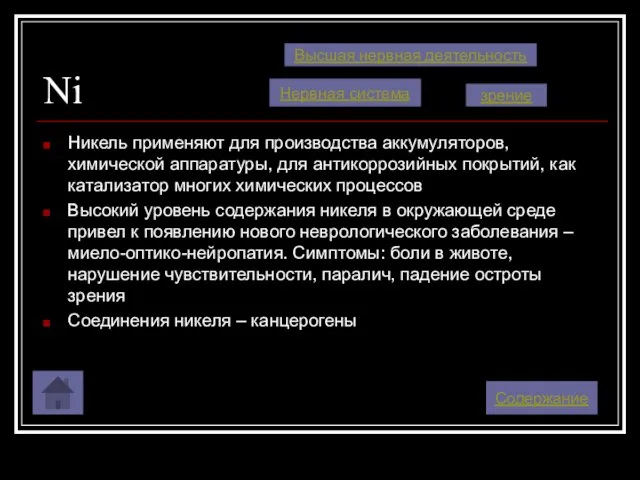 Ni Никель применяют для производства аккумуляторов, химической аппаратуры, для антикоррозийных покрытий, как