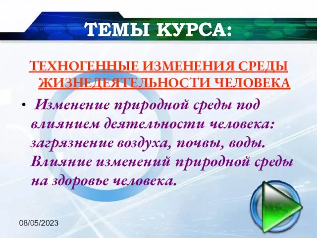 08/05/2023 ТЕМЫ КУРСА: ТЕХНОГЕННЫЕ ИЗМЕНЕНИЯ СРЕДЫ ЖИЗНЕДЕЯТЕЛЬНОСТИ ЧЕЛОВЕКА Изменение природной среды под