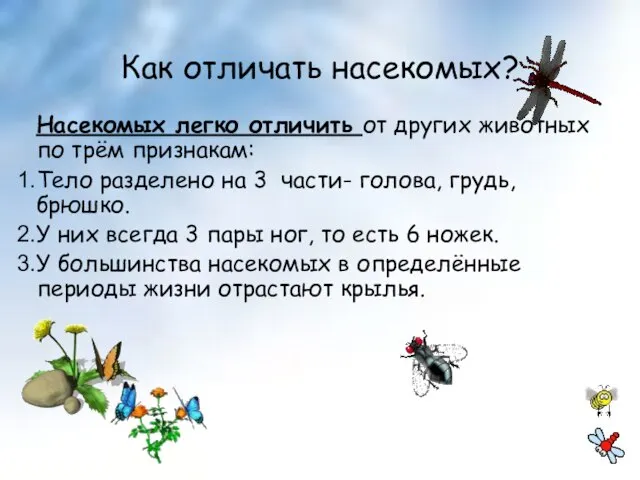 Как отличать насекомых? Насекомых легко отличить от других животных по трём признакам: