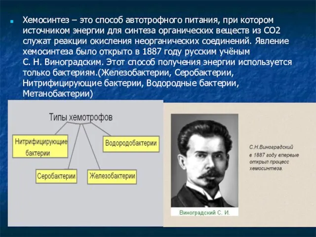 Хемосинтез – это способ автотрофного питания, при котором источником энергии для синтеза