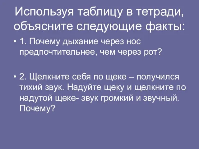 Используя таблицу в тетради, объясните следующие факты: 1. Почему дыхание через нос