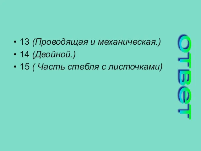 13 (Проводящая и механическая.) 14 (Двойной.) 15 ( Часть стебля с листочками) ответ