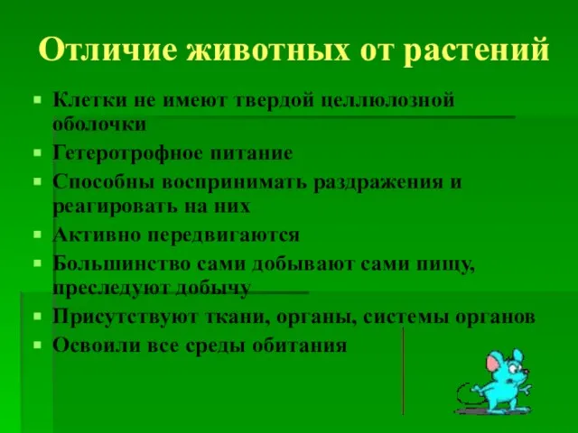 Отличие животных от растений Клетки не имеют твердой целлюлозной оболочки Гетеротрофное питание