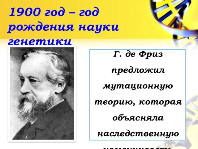 1900 год – год рождения науки генетики Г. де Фриз предложил мутационную