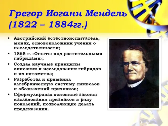 Грегор Иоганн Мендель (1822 – 1884гг.) Австрийский естествоиспытатель, монах, основоположник учения о