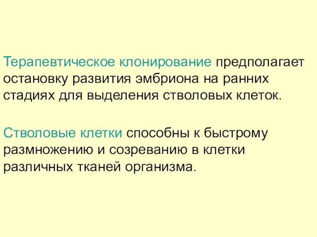 Терапевтическое клонирование предполагает остановку развития эмбриона на ранних стадиях для выделения стволовых