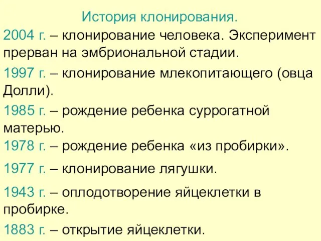 1883 г. – открытие яйцеклетки. 1943 г. – оплодотворение яйцеклетки в пробирке.