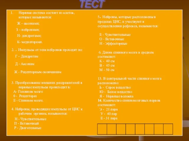 ТЕСТ Нервная система состоит из клеток, которые называются: Ж – аксонами; З