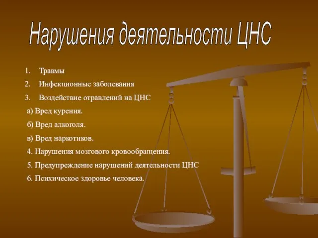 Нарушения деятельности ЦНС Травмы Инфекционные заболевания Воздействие отравлений на ЦНС а) Вред