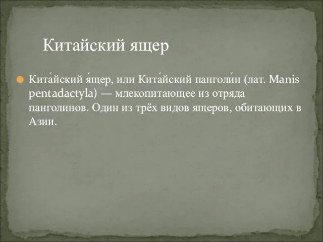 Кита́йский я́щер, или Кита́йский панголи́н (лат. Manis pentadactyla) — млекопитающее из отряда