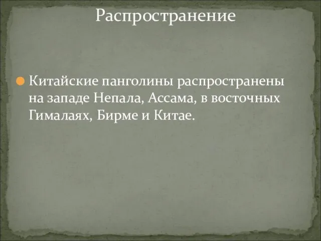 Китайские панголины распространены на западе Непала, Ассама, в восточных Гималаях, Бирме и Китае. Распространение