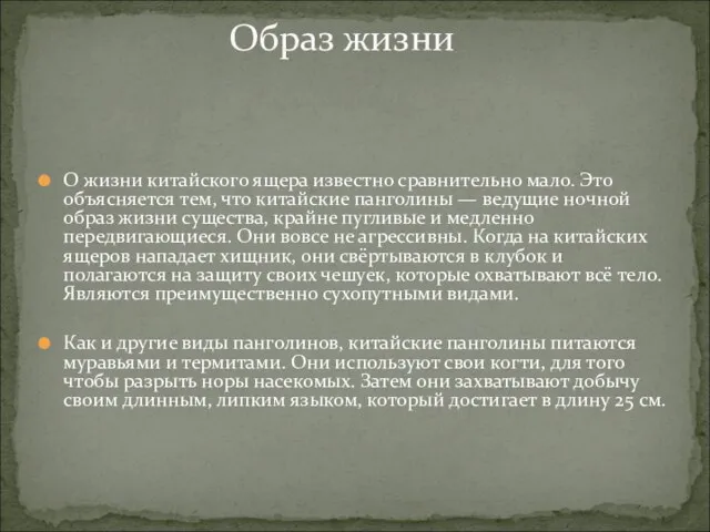 О жизни китайского ящера известно сравнительно мало. Это объясняется тем, что китайские