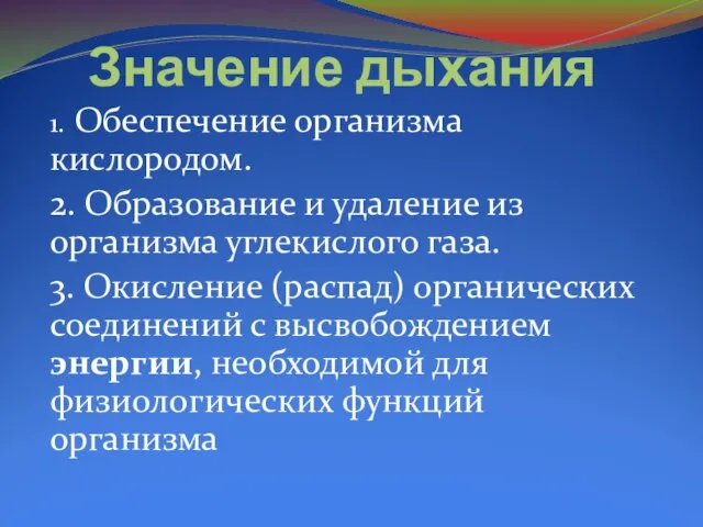 Значение дыхания 1. Обеспечение организма кислородом. 2. Образование и удаление из организма