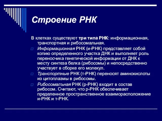 Строение РНК В клетках существуют три типа РНК: информационная, транспортная и рибосомальная.