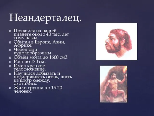 Неандерталец. Появился на нашей планете около 40 тыс. лет тому назад. Обитал